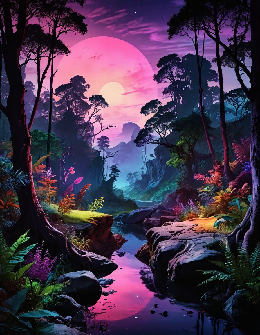 A captivating, ethereal landscape representing uncharted territories, featuring mysterious, lush forests and hidden pathways illuminated by soft neon lights. In the foreground, a collage of artistic representations of adult entertainment elements, such as playful silhouettes and abstract shapes, intertwining harmoniously with nature. The scene should evoke a sense of curiosity and adventure, inviting the viewer to explore the depths of erotic imagination. surreal art style. vibrant colors. twilight ambiance.